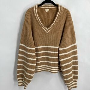 Pol Boho Chunky Knit Striped V-neck Sweater Relaxed Fit Casual Size Large